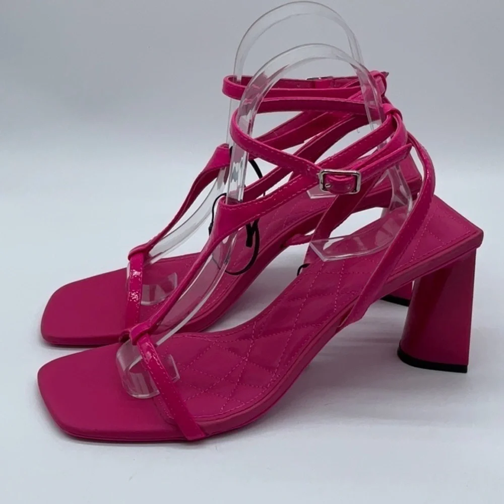 Bershka mid heel T-bar sandals in hot pink
